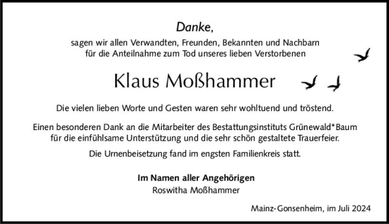 Traueranzeige von Klaus Moßhammer von Allgemeine Zeitung Mainz