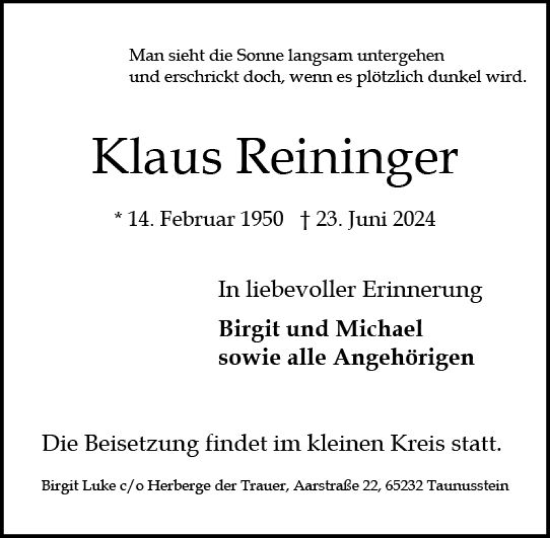 Traueranzeige von Klaus  Reininger von Wiesbadener Kurier