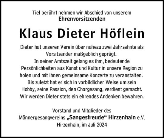 Traueranzeige von Klaus Dieter Höflein von Dill Block