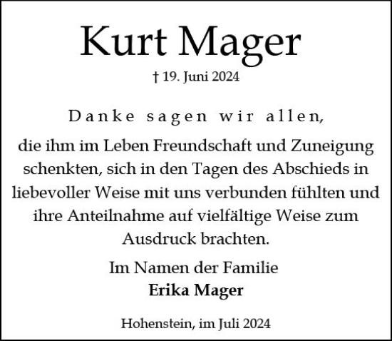 Traueranzeige von Kurt Mager von Wiesbadener Kurier