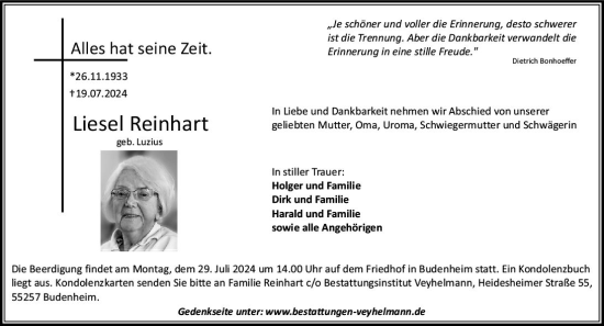Traueranzeige von Liesel Reinhart von Allgemeine Zeitung Rheinhessen-Nahe