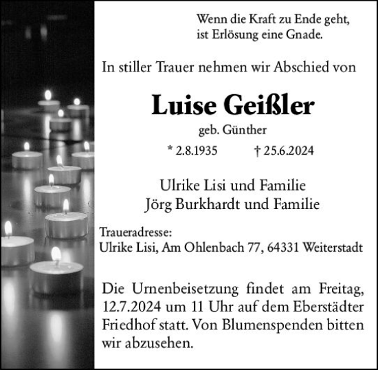 Traueranzeige von Luise Geißler von Darmstädter Echo