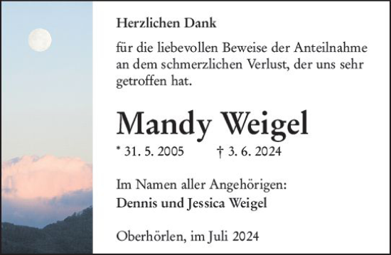 Traueranzeige von Mandy Weigel von Hinterländer Anzeiger