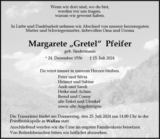 Traueranzeige von Margarete Pfeifer von Hinterländer Anzeiger