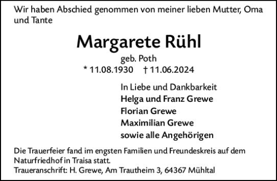 Traueranzeige von Margarete Rüh von Darmstädter Echo