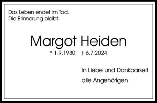 Traueranzeige von Margot Heiden von Allgemeine Zeitung Mainz