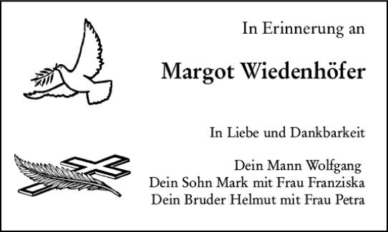 Traueranzeige von Margot Wiedenhöfer von Binger-/Ingelheimer Wochenblatt