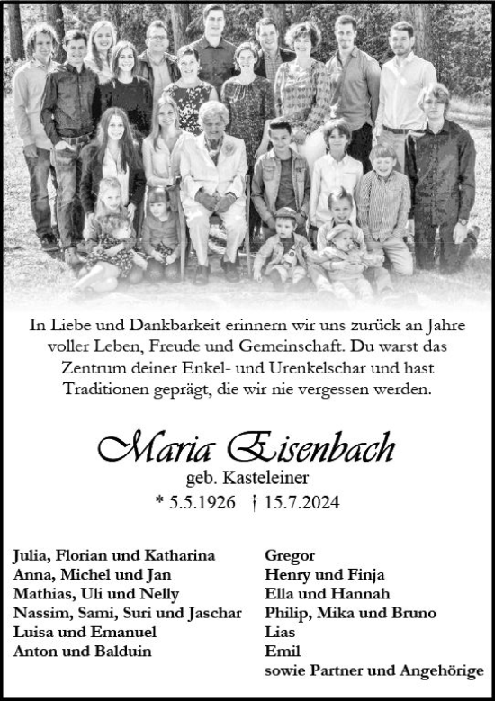 Traueranzeige von Maria Eisenbach von Nassauische Neue Presse
