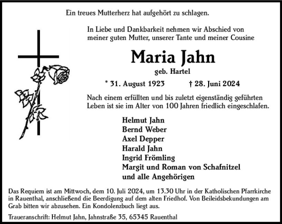 Traueranzeige von Maria Jahn von Wiesbadener Kurier