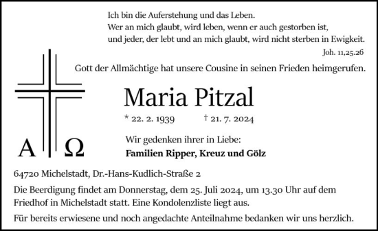 Traueranzeige von Maria Pitzal von Odenwälder Echo