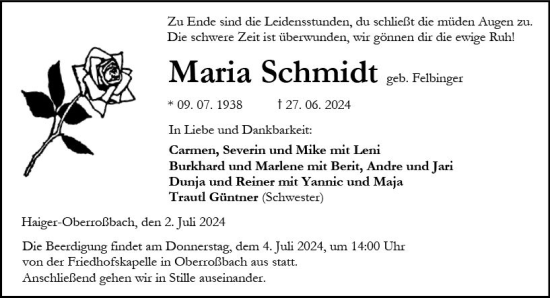 Traueranzeige von Maria Schmidt von Dill Block