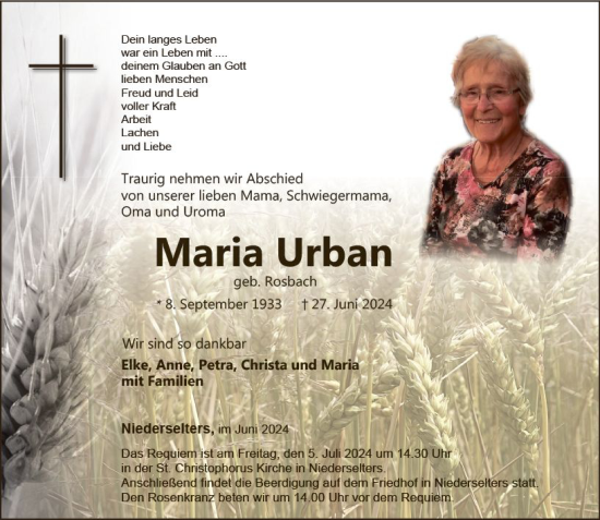 Traueranzeige von Maria Urban von Camberger Anzeiger
