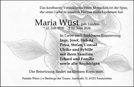 Traueranzeige von Maria Wüst von Wiesbadener Kurier