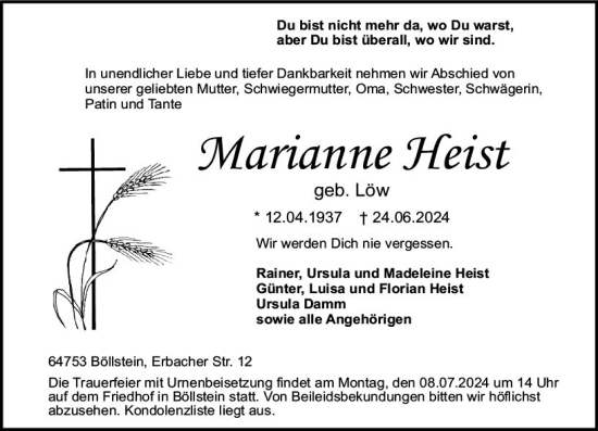 Traueranzeige von Marianne Heist von Odenwälder Echo