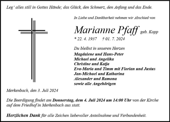 Traueranzeige von Marianne Pfaff von Dill Block