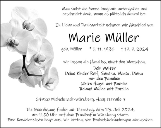 Traueranzeige von Marie Müller von Odenwälder Echo