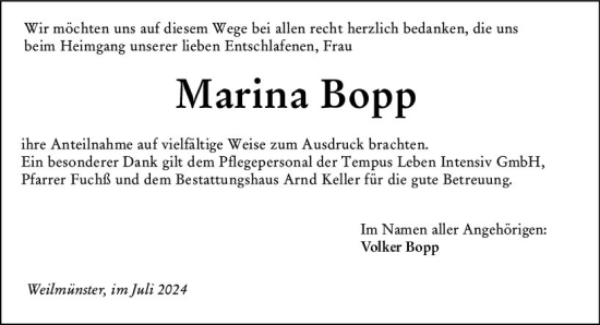 Traueranzeige von Marina Bopp von Weilburger Tageblatt