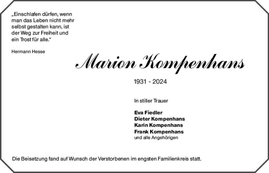 Traueranzeige von Marion Kompenhans von Darmstädter Echo