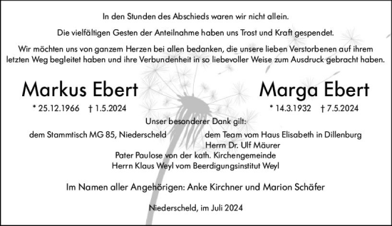 Traueranzeige von Markus Ebert von Dill Block