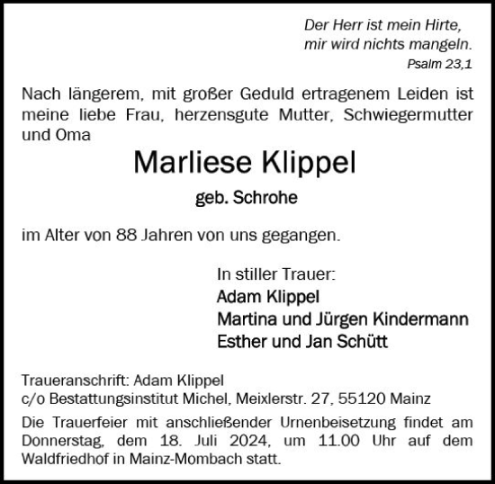 Traueranzeige von Marliese Klippel von Allgemeine Zeitung Mainz