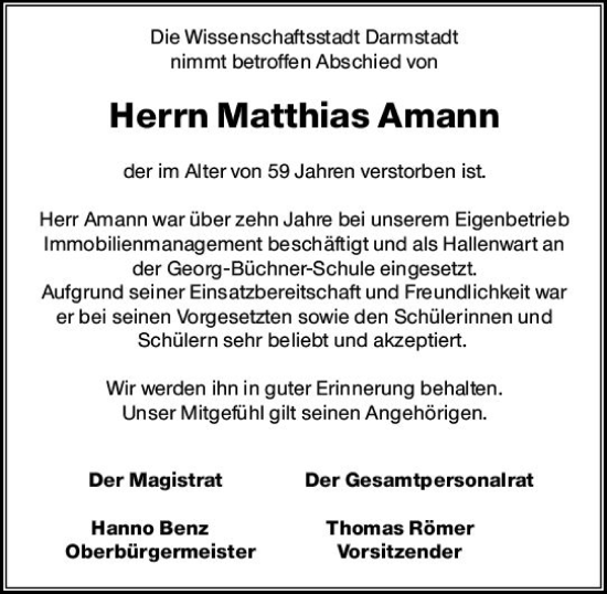 Traueranzeige von Matthias Amann von Darmstädter Echo