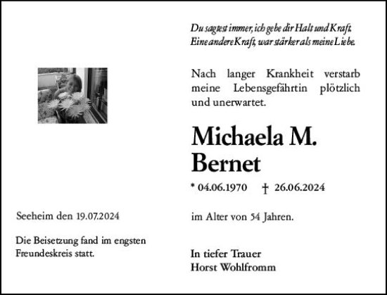 Traueranzeige von Michaela Bernet von Darmstädter Echo