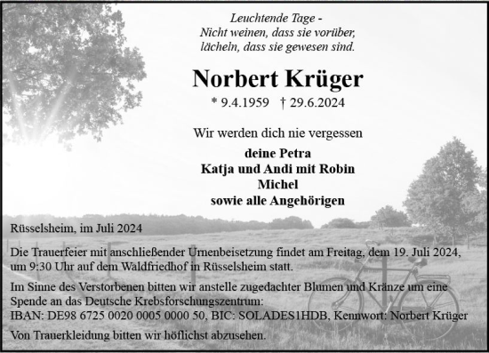 Traueranzeige von Norbert Krüger von Rüsselsheimer Echo