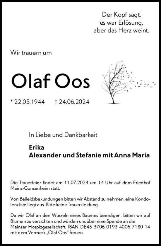 Traueranzeige von Olaf Oos von Allgemeine Zeitung Mainz
