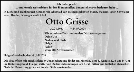 Traueranzeige von Otto Grisse von Dill Block