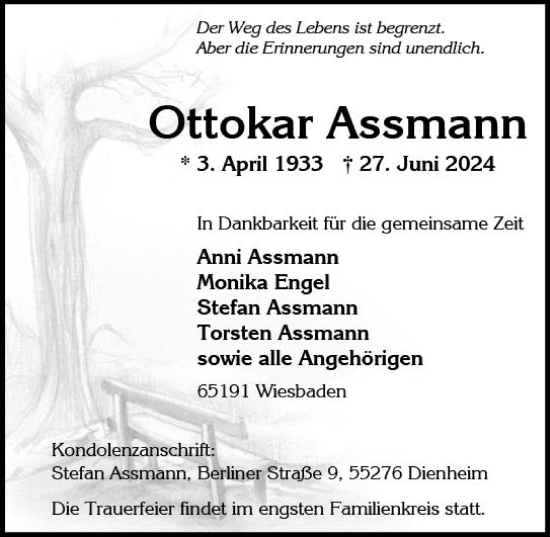 Traueranzeige von Ottokar Assmann von Wiesbadener Kurier