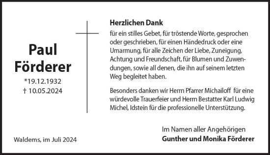 Traueranzeige von Paul Förderer von Camberger Anzeiger