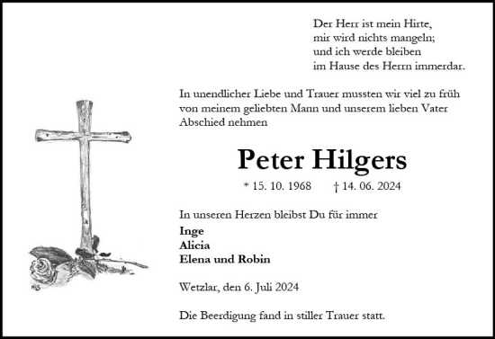 Traueranzeige von Peter Hilgers von Wetzlarer Neue Zeitung