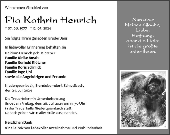 Traueranzeige von Pia Kathrin Henrich von Wetzlarer Neue Zeitung