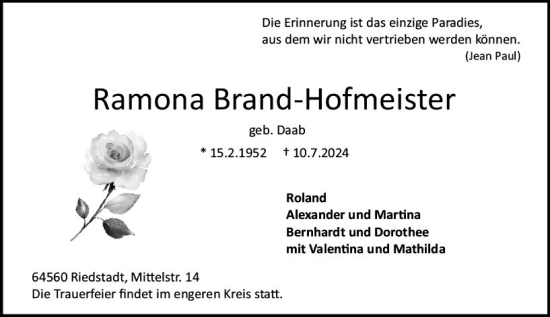 Traueranzeige von Ramona Brand-Hofmeister von Darmstädter Echo