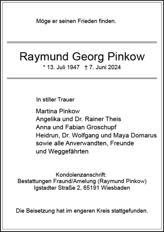 Traueranzeige von Raymund Georg Pinkow von Wiesbadener Kurier