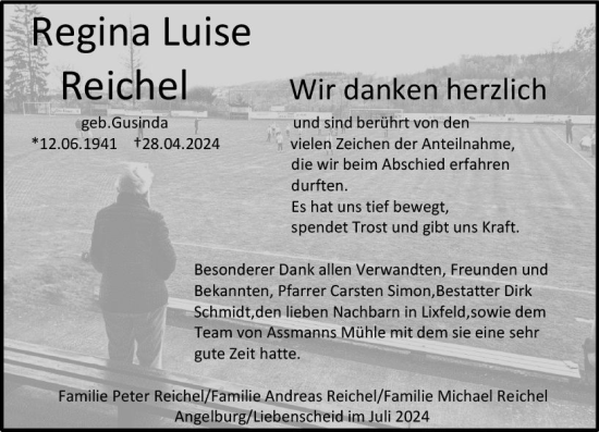 Traueranzeige von Regina Reichel von Hinterländer Anzeiger