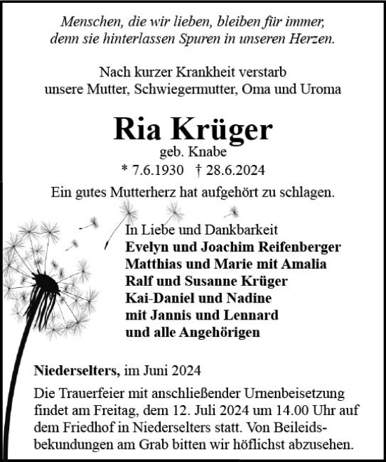 Traueranzeige von Ria Krüger von Nassauische Neue Presse