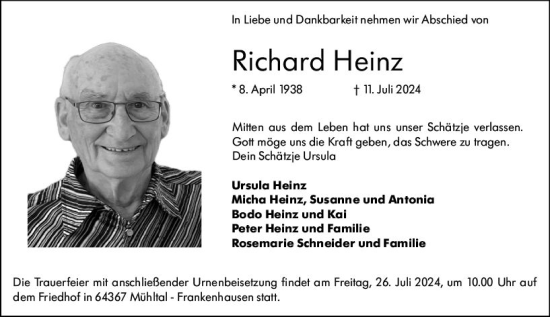 Traueranzeige von Richard Heinz von Darmstädter Echo