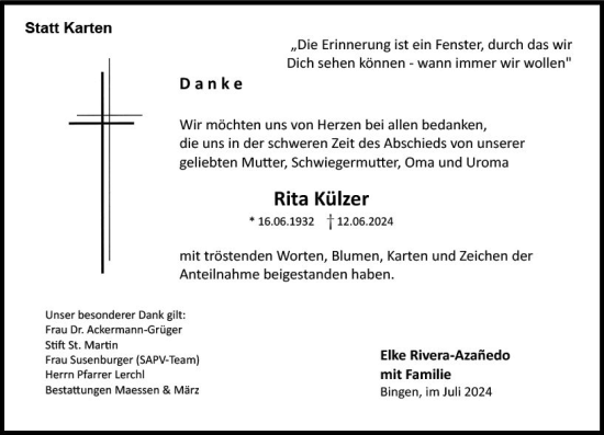 Traueranzeige von Rita Külzer von Allgemeine Zeitung Rheinhessen-Nahe
