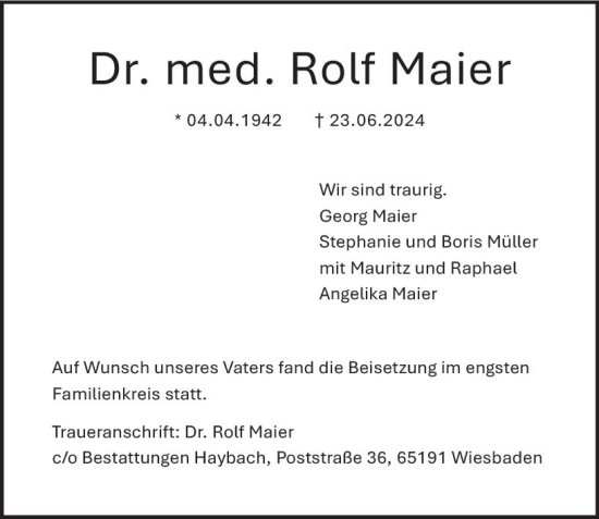 Traueranzeige von Rolf Maier von Wiesbadener Kurier