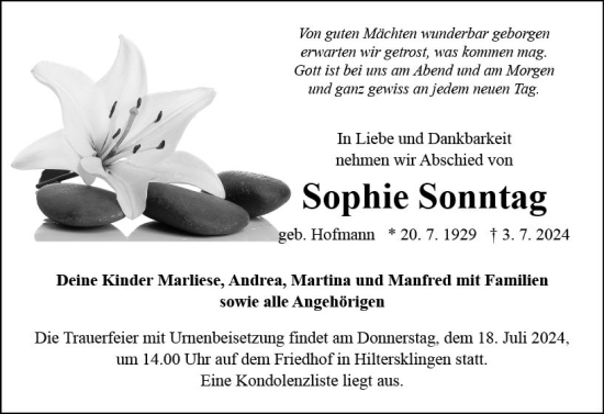 Traueranzeige von Sophie Sonntag von Odenwälder Echo