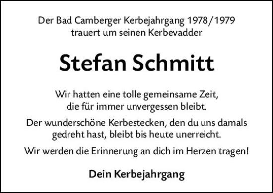 Traueranzeige von Stefan Schmitt von Camberger Anzeiger