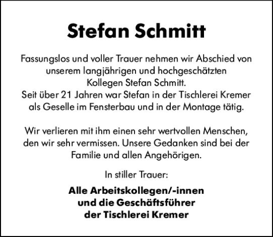 Traueranzeige von Stefan Schmitt von Camberger Anzeiger