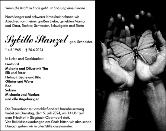 Traueranzeige von Sybille Stanzel von Hinterländer Anzeiger