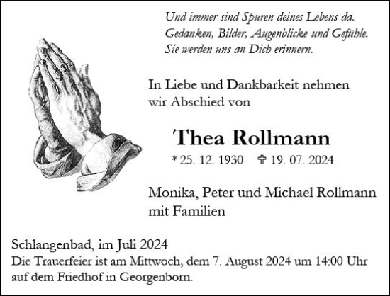 Traueranzeige von Thea Rollmann von Wiesbadener Kurier