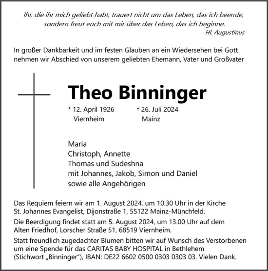 Traueranzeige von Theo Binninger von Allgemeine Zeitung Mainz