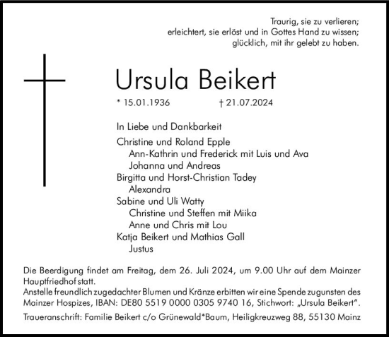 Traueranzeige von Ursula Beikert von Allgemeine Zeitung Mainz