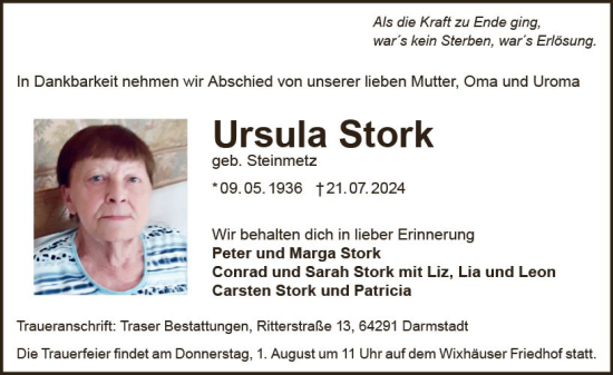 Traueranzeige von Ursula Stork von Darmstädter Echo