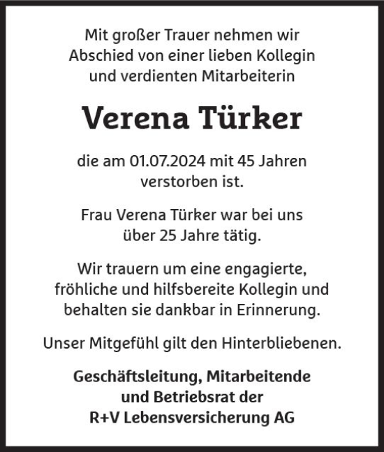 Traueranzeige von Verena Türker von Wiesbadener Kurier