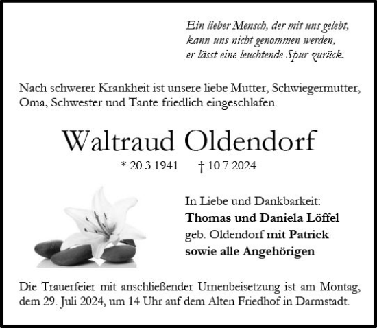 Traueranzeige von Waltraud Oldendorf von Darmstädter Echo